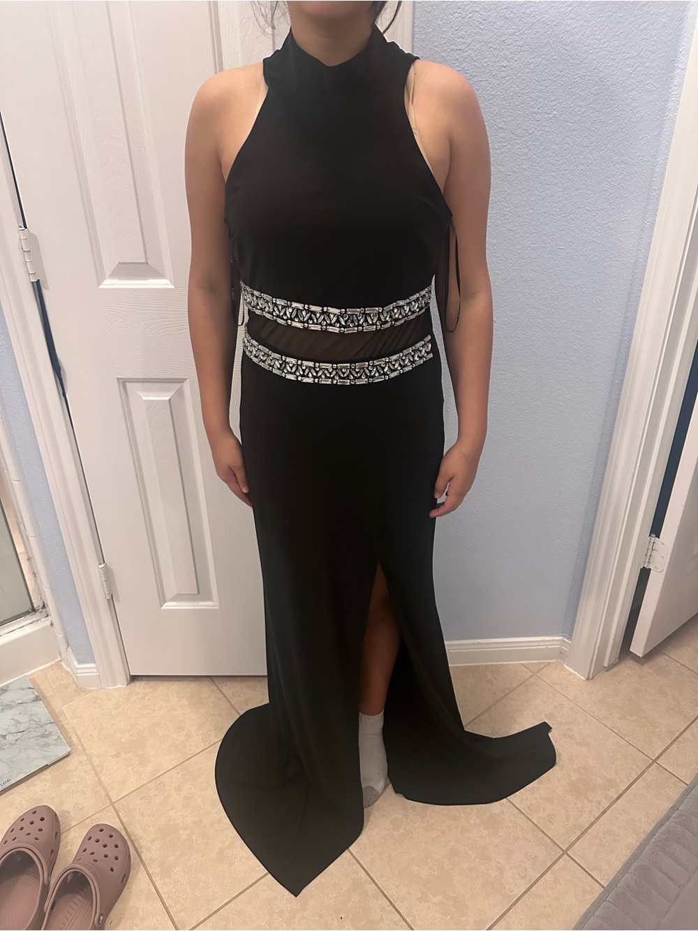 Black Halter Evening Gown with Embellished Waist
